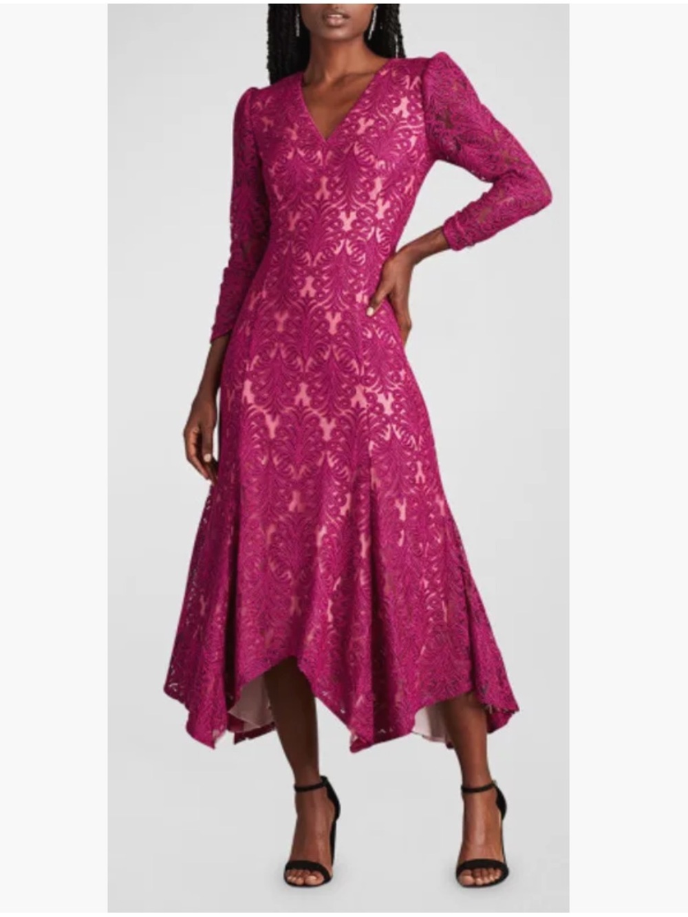Tadashi Shoji Handkerchief Hem Corded Embroidery Bracelet Sleeve Midi Dress Sz 8